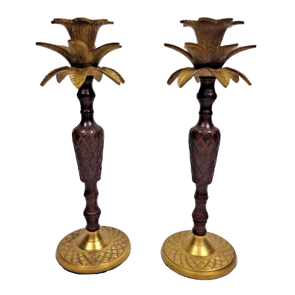 Pair Vintage Brass Carved Wood Palm Tree Candle Holders Tropical Decor INDIA 9"
